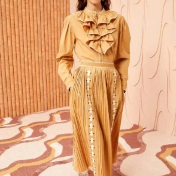 NWOT Resort 2024 ULLA JOHNSON Sabina Embroidered Midi Skirt in Pampas XS $450